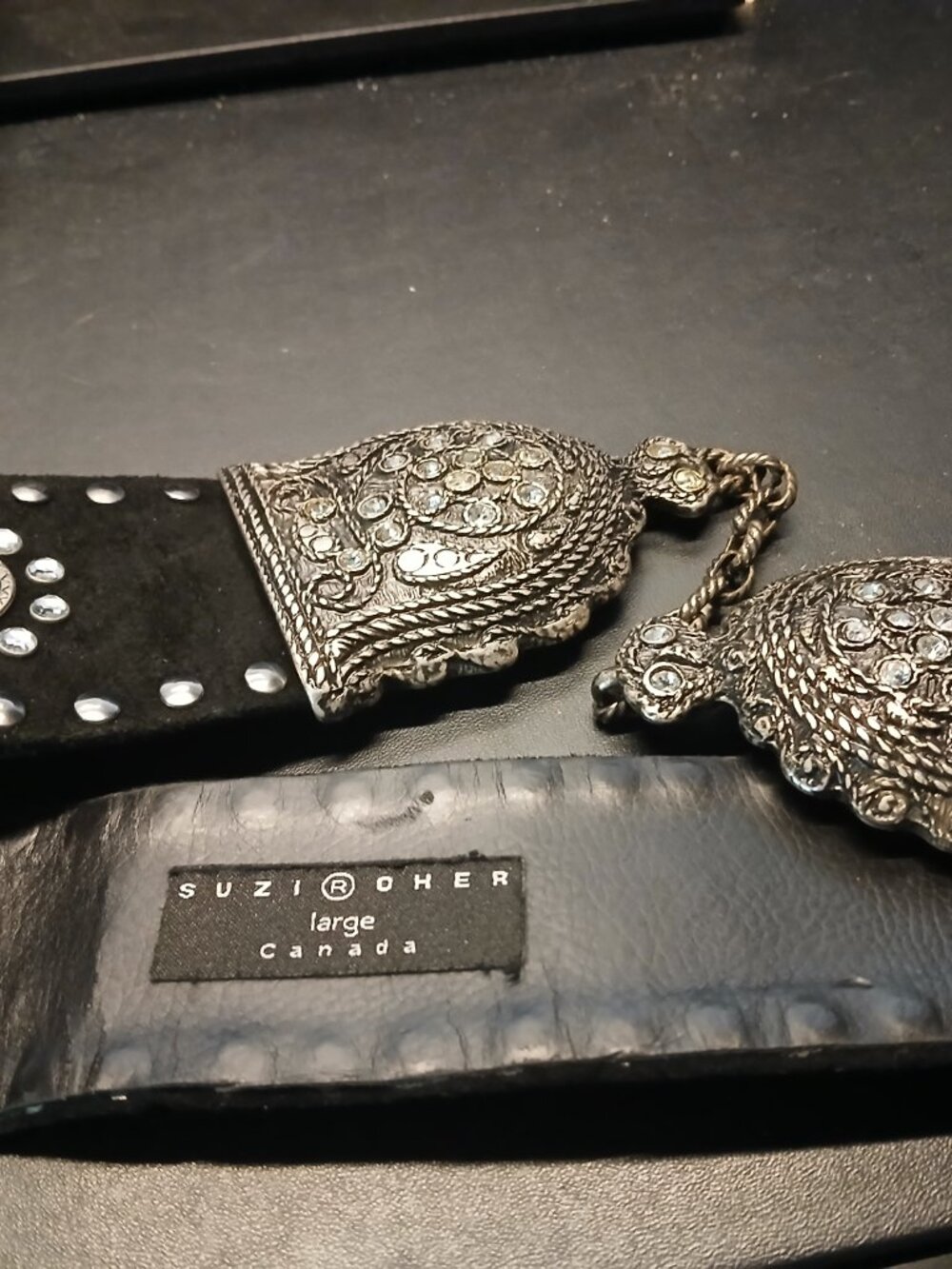 Rhinestone Studded/Black Suede Suzi Roher Belt